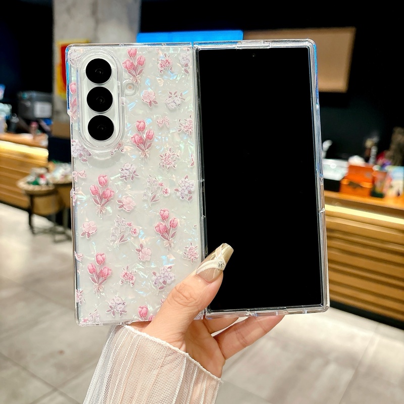 Tablet Accessories For Girls - เคสใสลายดอกทิวลิปประดับกลิตเตอร์สำหรับ Samsung Z Fold8 Ultra Fold7